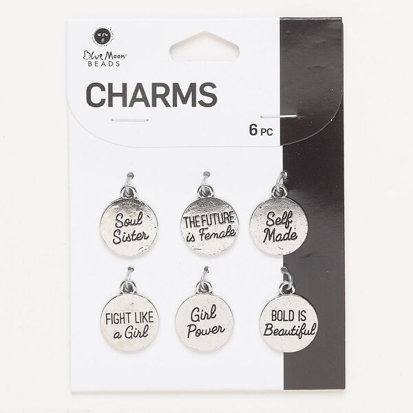 Drop assortment, antique silver-finished "pewter" (zinc-based alloy), 15mm single-sided round, girl power theme. Sold per pkg of 6. image number 0