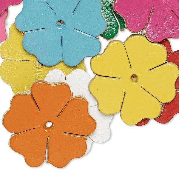 Component, leather (dyed), assorted colors, 22x21mm cherry blossom. Sold per pkg of 16. image number 0