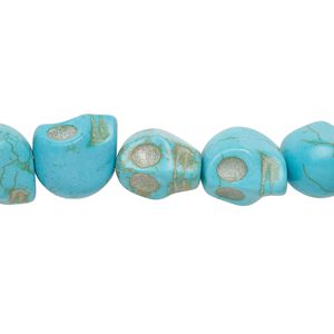 Bead, "turquoise" (resin) (imitation), blue, 12x9mm-12x10mm skull. Sold per 15-inch strand.
