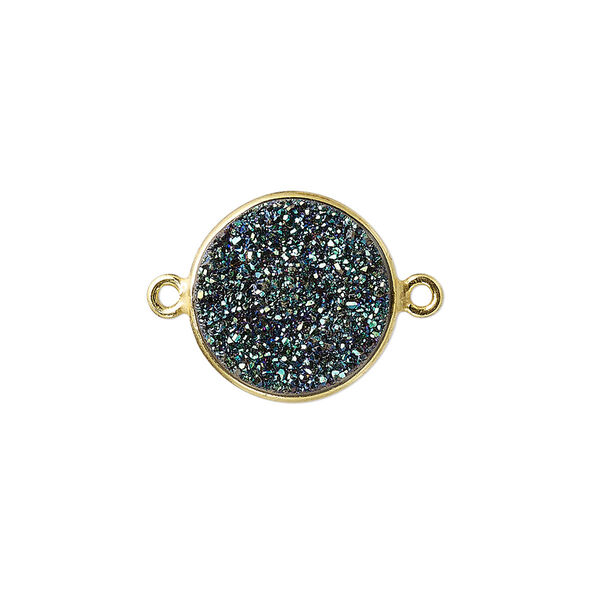 Link, titanium- / electro-coated druzy agate (coated) / gold-finished sterling silver, green, 15mm hand-cut single-sided flat round. Sold individually. image number 0