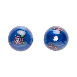 Bead, Czech lampworked glass, opaque blue / pink / green, 12-13mm round with flower design. Sold per pkg of 4.