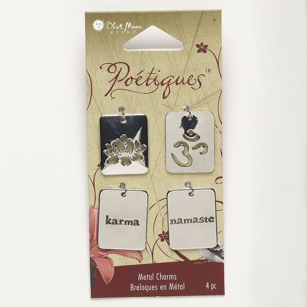 Drop, silver-finished steel and "pewter" (zinc-based alloy), 22x16mm rounded rectangle with assorted designs. Sold per pkg of 4. image number 0