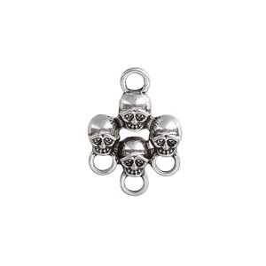 Drop, antique silver-plated "pewter" (zinc-based alloy), 17x16mm single-sided skulls with 3 loops. Sold per pkg of 6.