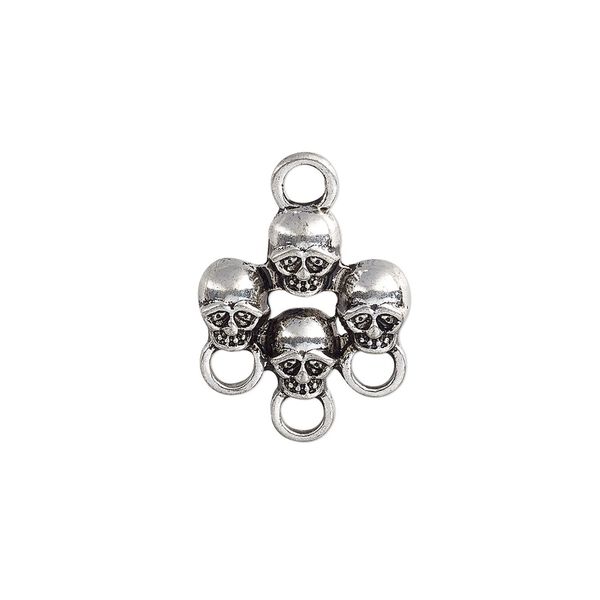 Drop, antique silver-plated "pewter" (zinc-based alloy), 17x16mm single-sided skulls with 3 loops. Sold per pkg of 6. image number 0