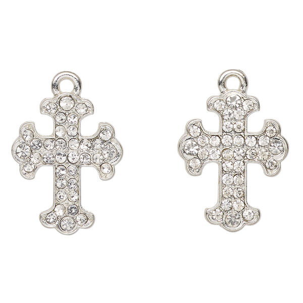 Drop, antique silver-finished "pewter" (zinc-based alloy) and glass, clear, 22x17mm cross. Sold per pkg of 2. image number 0