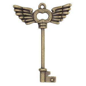 Focal, bead pin, antique brass-finished brass and "pewter" (zinc-based alloy), 58x43.5mm single-sided key with wings and twist-off head, 30mm beadable length. Sold individually.