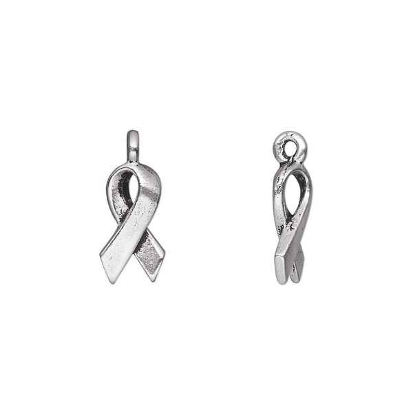 Charm, TierraCast®, antique silver-plated pewter (tin-based alloy), 13x7mm double-sided awareness ribbon. Sold per pkg of 2. image number 0