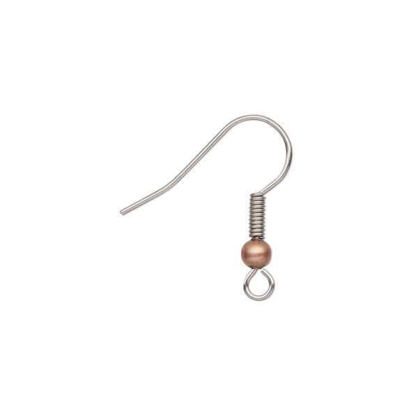 Ear wire, stainless steel and antique copper-plated brass, 20mm fishhook with 3mm ball and 4.5x2mm coil with open loop, 21 gauge. Sold per pkg of 10 pairs. image number 0