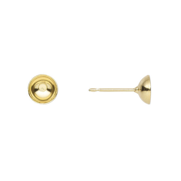 Earstud, gold-plated stainless steel, 6mm cup, fits 6-8mm bead. Sold per pkg of 50 pairs. image number 0