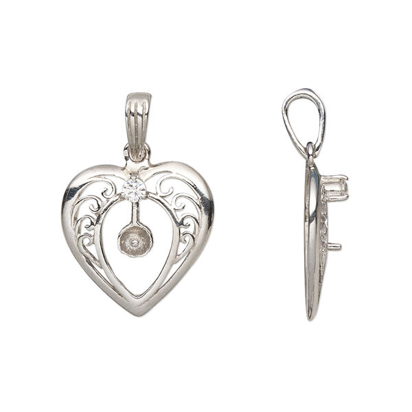 Pendant, cubic zirconia and rhodium-plated sterling silver, clear, 16.5x16mm single-sided heart with 4mm cup and 1.5mm peg, fits 4-6mm half-drilled round bead. Sold individually. image number 0