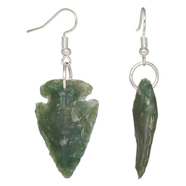 Earring, Everyday Jewelry, moss agate (natural) and silver-finished brass, 25x14-35x20mm hand-knapped arrowhead with fishhook ear wire. Sold per pair. image number 0