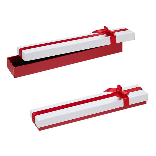 Gift box, cardboard / paper / velveteen / nylon, red shimmer / white / black, 1 x 1-1/2 x 9-inch rectangle with ribbon and bow. Sold per pkg of 12. image number 0