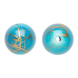 Bead, acrylic, turquoise blue and gold, 18mm round with swirls. Sold per pkg of 30.