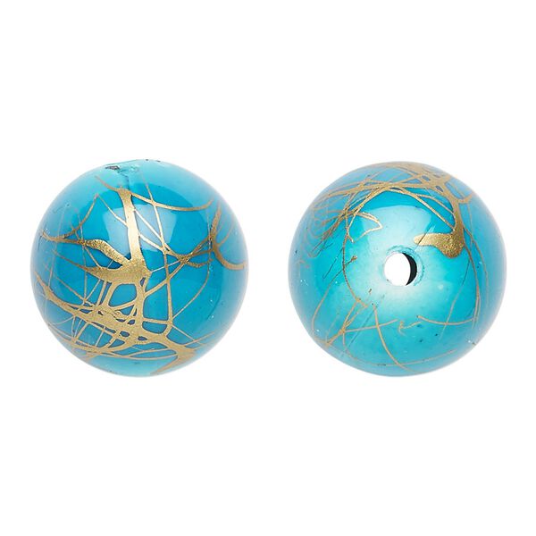 Bead, acrylic, turquoise blue and gold, 18mm round with swirls. Sold per pkg of 30. image number 0