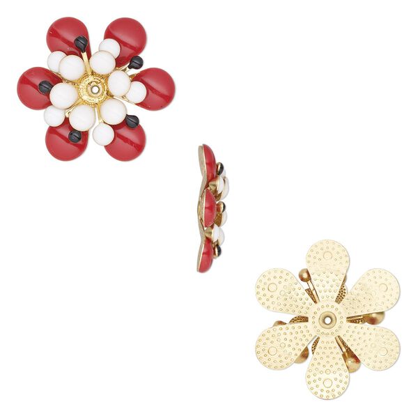Component, epoxy and gold-finished copper, white / red / black, 30x25.5 center-drilled single-sided flower. Sold per pkg of 2. image number 0