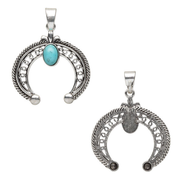 Pendant, "turquoise" (resin) (imitation) and antique silver-finished "pewter" (zinc-based alloy), turquoise blue, 53.5x53mm single-sided naja. Sold individually. image number 0