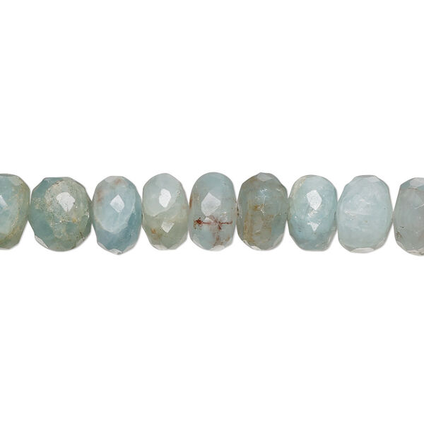 Bead, aquamarine (dyed / heated), 7x3mm-9x6mm hand-cut faceted rondelle with 0.4-1.4mm hole, C- grade, Mohs hardness 7-1/2 to 8. Sold per 8-inch strand. image number 0
