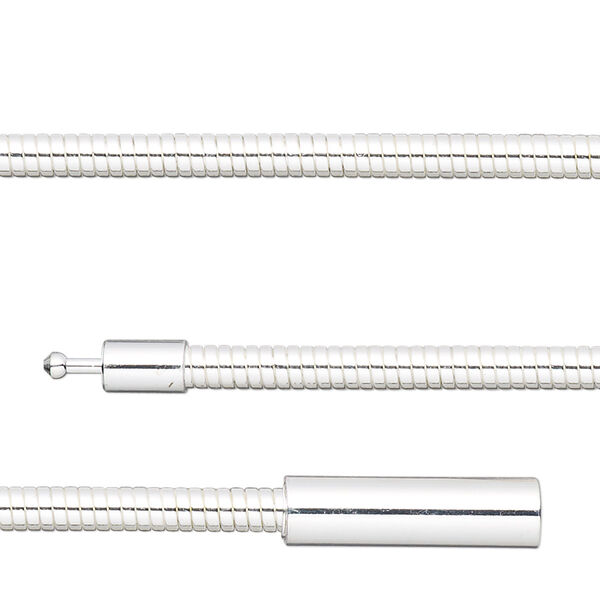 Chain, silver-plated brass, 3mm omega, 20 inches with pop-style clasp. Sold individually. image number 0