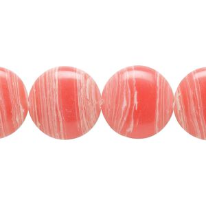 Bead, resin, white and pink, 16mm flat round. Sold per 15" to 16" strand.