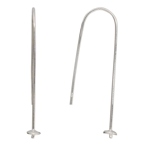 Ear wire, sterling silver, 40mm with 4mm cup and 1.5mm peg, 20 gauge, fits 6mm half-drilled bead. Sold per pair. image number 0