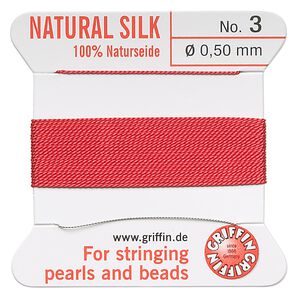 Thread, Griffin, silk, red, size #3. Sold per 2-meter card (approximately 78 inches).
