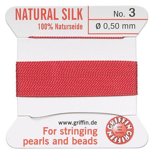 Thread, Griffin, silk, red, size #3. Sold per 2-meter card (approximately 78 inches). image number 0