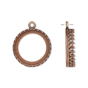 Drop, JBB Findings, antique copper-plated brass, 19.5mm round with open back and decorative trim, 18mm round bezel setting. Sold per pkg of 2.