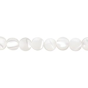 Bead, mother-of-pearl shell (bleached), white, 6mm flat round, Mohs hardness 3-1/2. Sold per 15-1/2" to 16" strand.