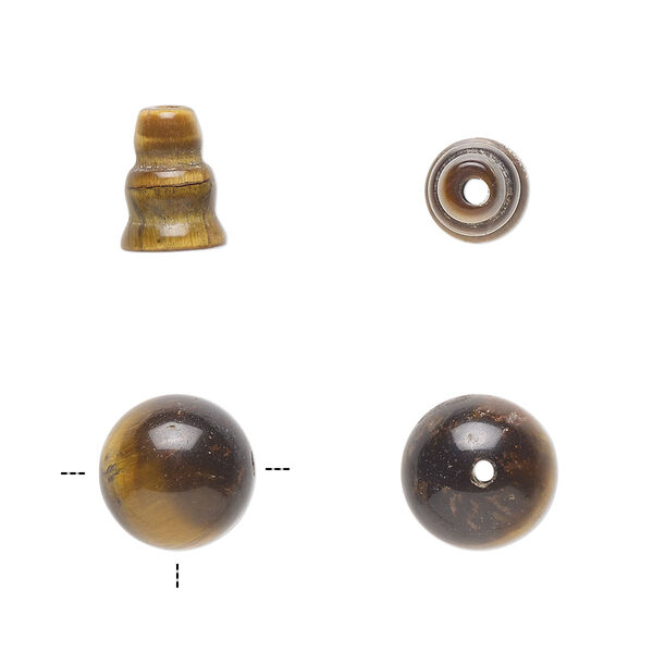 Bead, tigereye (natural), 9x7mm cone and 10mm T-drilled round, B grade, Mohs hardness 7. Sold per pkg of (2) 2-piece sets. image number 0