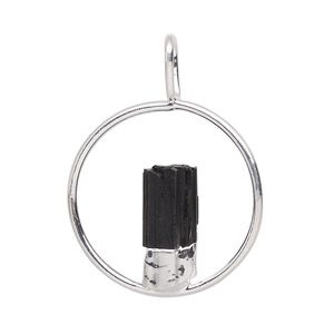 Pendant, Everyday Jewelry, silver-plated brass and black tourmaline (natural), 34x25mm-36x27mm open round. Sold individually.