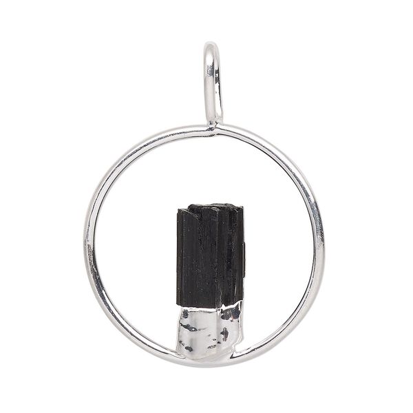 Pendant, Everyday Jewelry, silver-plated brass and black tourmaline (natural), 34x25mm-36x27mm open round. Sold individually. image number 0