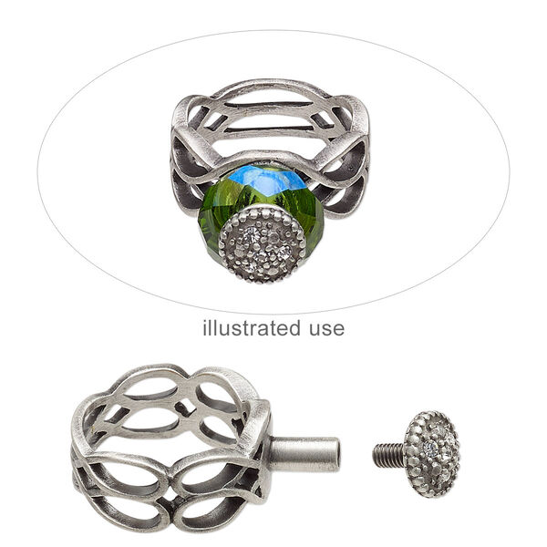 Ring, crystals and antique silver-plated brass, crystal clear, 11.5mm wide with beaded and twisted loop design with 7mm post and twist-off top, size 8. Sold individually. image number 0