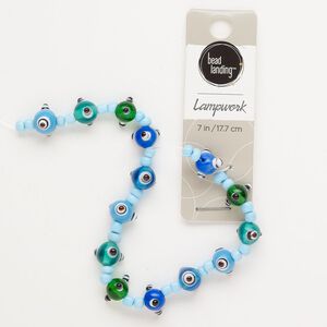 Bead, lampworked glass, opaque and translucent multicolored, 11x7mm bumpy rondelle and #6 seed beads. Sold per 8-inch strand.