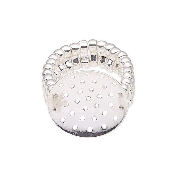 Ring, stretch, silver-finished brass and "pewter" (zinc-based alloy), 8mm wide with 20mm perforated disk, size 6-1/2 to 8. Sold individually. image number 0