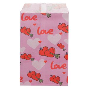 Bag, paper, multicolored, 6x4 inches with heart and "love" design and scalloped top edge. Sold per pkg of 100.
