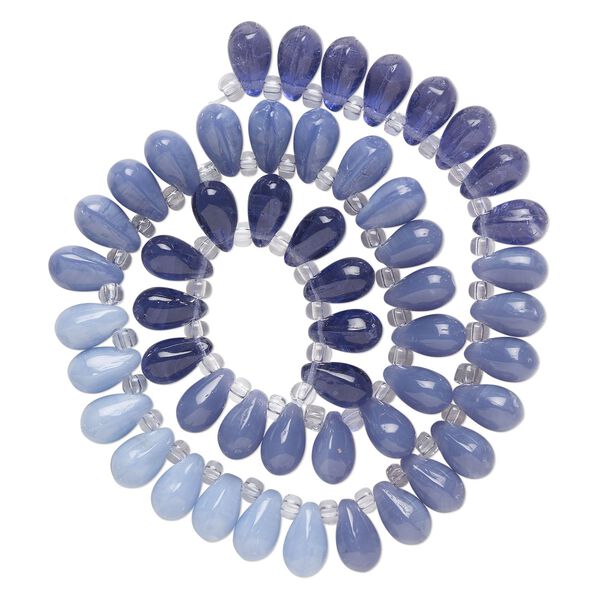 Bead, glass, mixed pale purple opal, light purple opal and purple, 11x7mm top-drilled teardrop with irregular rondelles. Sold per 14-inch strand. image number 0