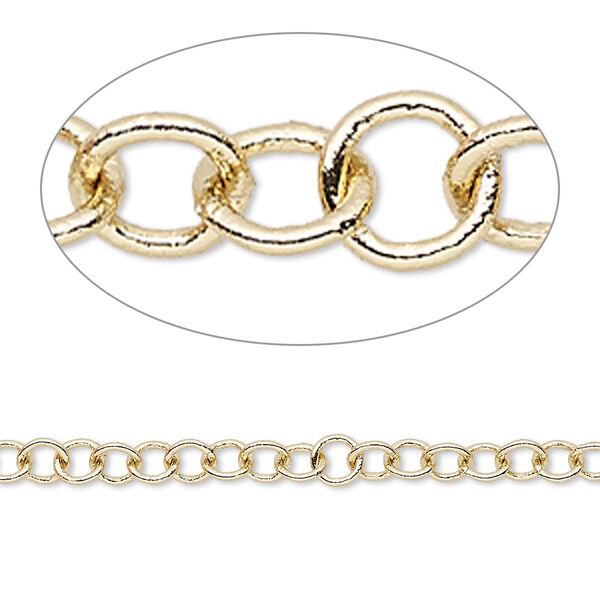 Chain, gold-finished brass, 4mm round cable. Sold per 50-foot spool. image number 0
