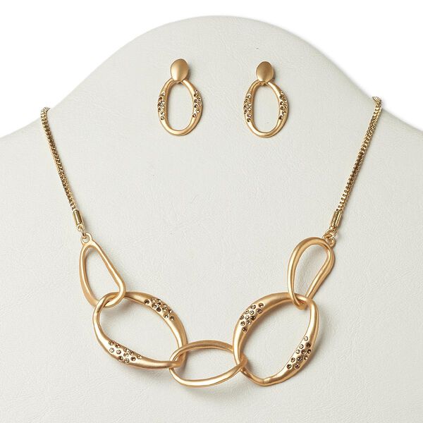 Necklace and earring set, glass with gold-finished "pewter" (zinc-based alloy) and steel, light brown and yellow, open oval, 16 inches with 3-inch extender chain and lobster claw clasp, 1-1/4 inch earrings with post. Sold per set. image number 0