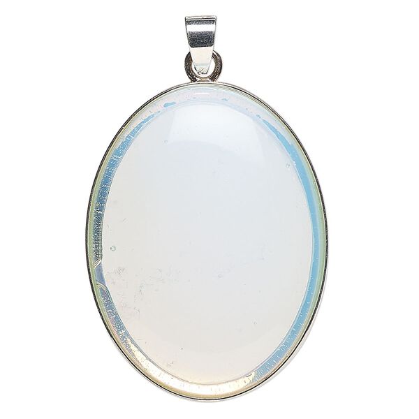 Pendant, silver-finished brass and sea "opal" glass, 42x32mm oval. Sold individually. image number 0