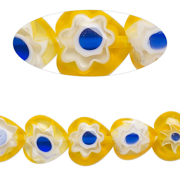Bead, millefiori glass, translucent and transparent multicolored, 12x10mm-12x11mm puffed heart with sun and flower design. Sold per 14-inch strand. image number 0
