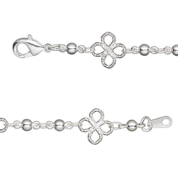Chain, silver-plated brass, 8mm clover with 3mm bead, 24 inches with lobster claw clasp. Sold individually. image number 0