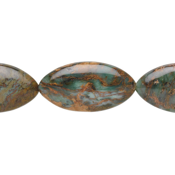 Bead, green "opal" (chalcedony) (natural), 30x15mm flat marquise, B grade, Mohs hardness 5 to 6-1/2. Sold per 15-1/2" to 16" strand. image number 0