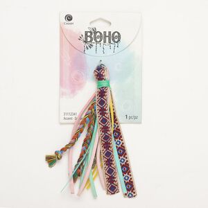 Tassel, "pewter" (zinc-based alloy) / steel / cotton, pkg/1, antique silver finish and multicolored, 4-1/2 inches.