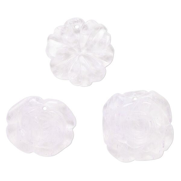 Drop mix, glass, translucent speckled  light purple, 25x21mm-25x25mm top-drilled, carved flower. Sold per pkg of 3. image number 0