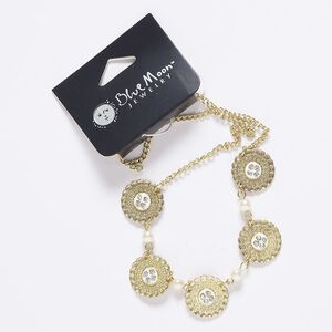 Necklace, acrylic / acrylic pearl / gold-finished "pewter" (zinc-based alloy) / steel, white and clear, 15 inches with 2-1/2 inch extender chain and lobster claw clasp. Sold individually.