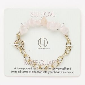 Bracelet, steel / brass / rose quartz (natural), pkg/1, 6 inches with springring clasp, gold finish.