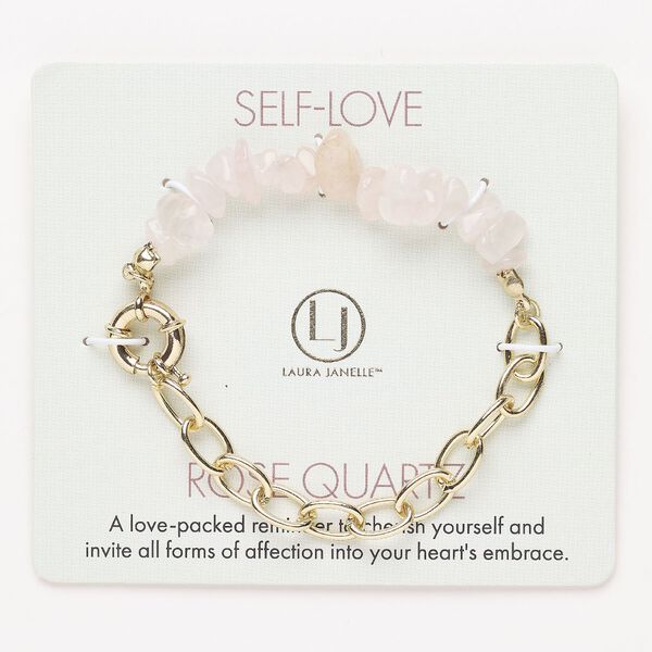Bracelet, steel / brass / rose quartz (natural), pkg/1, 6 inches with springring clasp, gold finish. image number 0