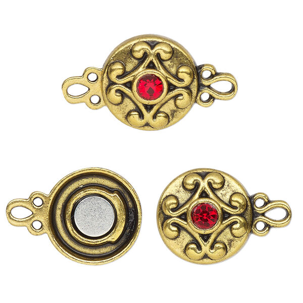 Clasp, magnetic, gold-finished "pewter" (zinc-based alloy) and glass, red, 12mm double-sided round. Sold per pkg of 2. image number 0