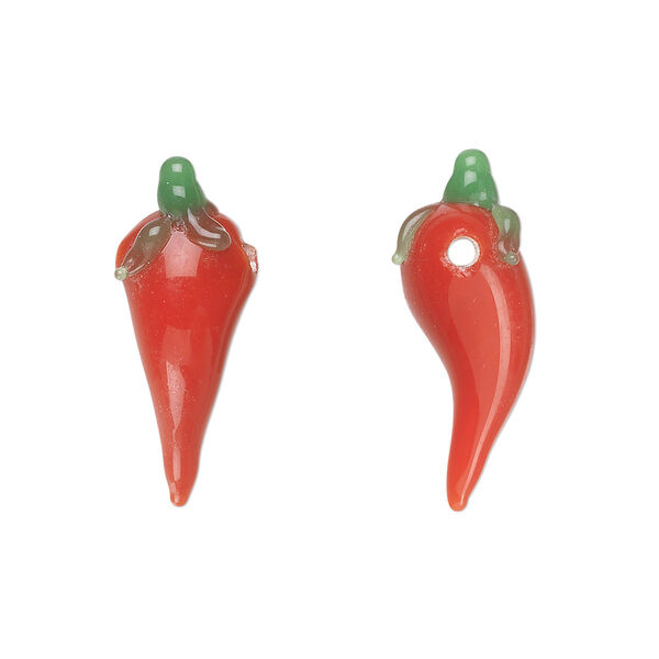 Drop, lampworked glass, red and green, 23x6mm-25x8mm chili pepper with leaves. Sold per pkg of 8. image number 0