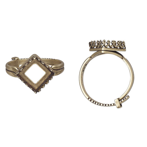 Ring, JBB Findings, antiqued brass, 15mm wide with decorative trim and 10x10mm square bezel setting, adjustable from size 8-11. Sold individually. image number 0
